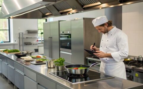 Modern kitchen with smart appliances, digital cooking devices, and a chef using technology to prepare meals, illustrating the future of cooking