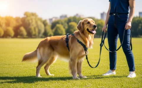 A golden retriever wearing a front-clip harness during a sunny park walk, demonstrating loose-leash training.