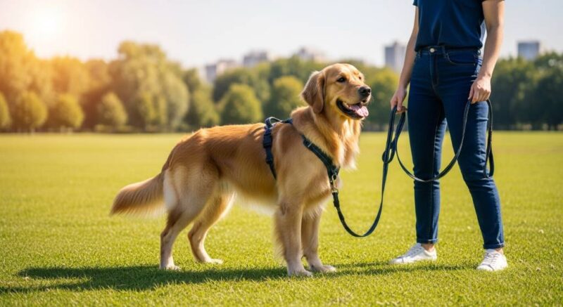 A golden retriever wearing a front-clip harness during a sunny park walk, demonstrating loose-leash training.