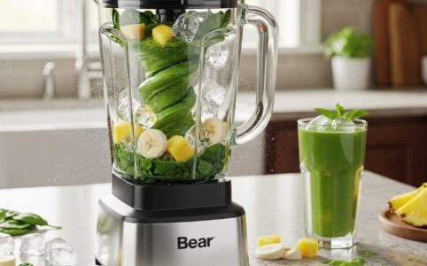 Bear Blender blending green smoothie with frozen fruits and ice