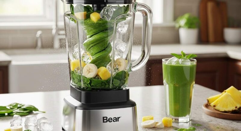 Bear Blender blending green smoothie with frozen fruits and ice