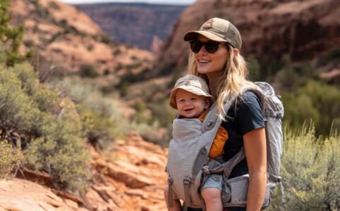 Parent wearing Ergobaby Omni Breeze carrier with happy baby facing outward on hike