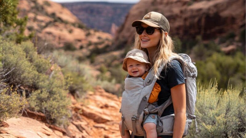 Parent wearing Ergobaby Omni Breeze carrier with happy baby facing outward on hike