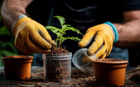 Gardener wearing gloves carefully transferring a centipede from one plant pot to another using clear container