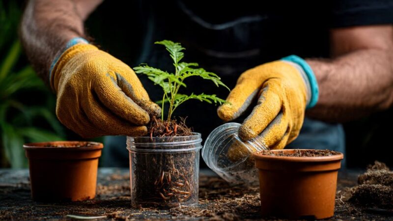 Gardener wearing gloves carefully transferring a centipede from one plant pot to another using clear container