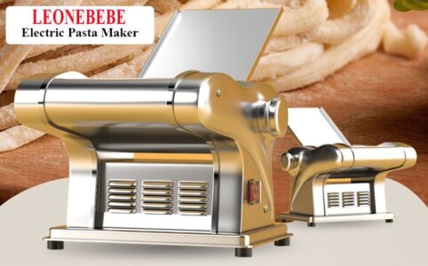 LEONEBEBE electric pasta maker with stainless steel body making fresh noodles.