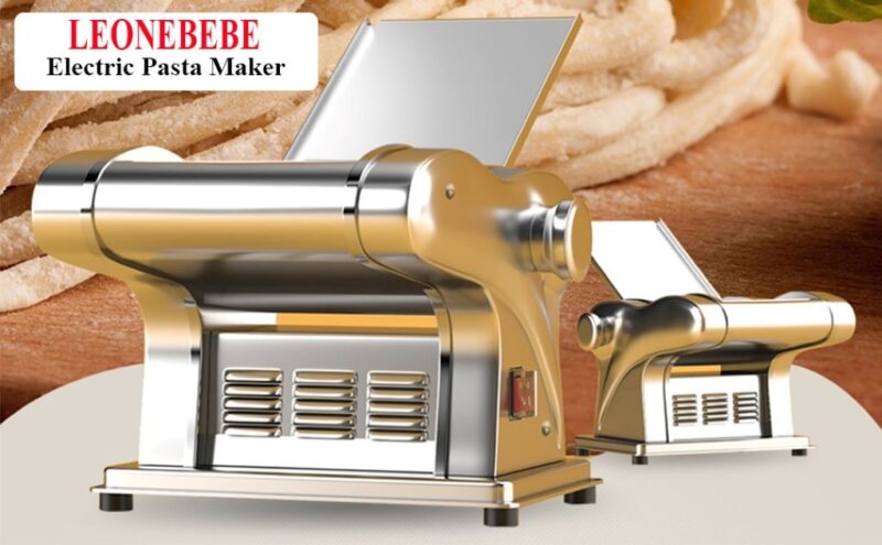 LEONEBEBE electric pasta maker with stainless steel body making fresh noodles.