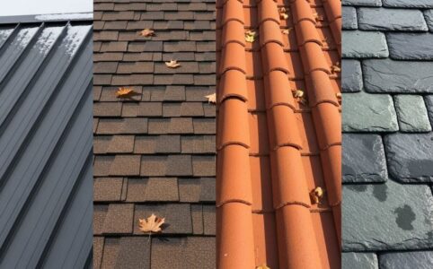 Different roofing materials displayed side by side showing metal, asphalt shingles, clay tiles, and slate options for various climate zones