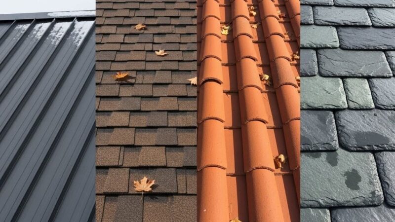 Different roofing materials displayed side by side showing metal, asphalt shingles, clay tiles, and slate options for various climate zones