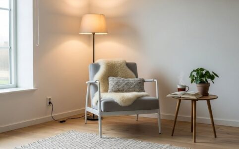 Minimalist Scandinavian reading corner with warm floor lamp and natural light creating cozy ambiance