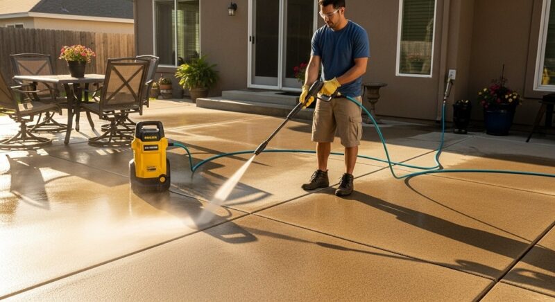 Pressure washing concrete driveway with safe PSI settings
