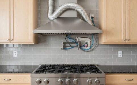 Under cabinet range hood installation showing proper mounting height above gas cooktop with connected ductwork and electrical wiring