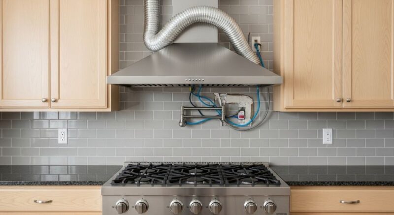 Under cabinet range hood installation showing proper mounting height above gas cooktop with connected ductwork and electrical wiring