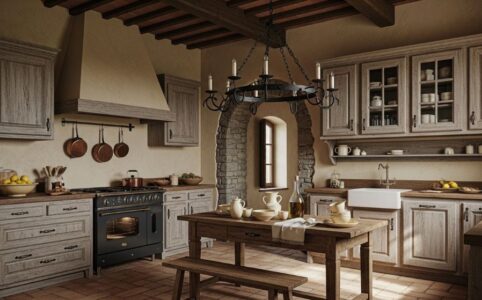 Tuscan kitchen interior featuring distressed wood cabinets, terracotta floor tiles, textured plaster walls, and wrought iron chandelier