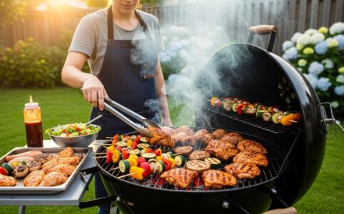 Person grilling vegetables and chicken on a charcoal kettle grill in a backyard