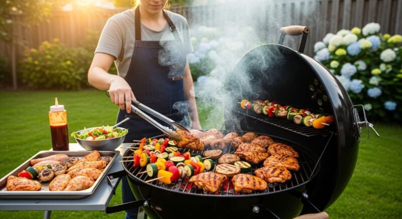 Person grilling vegetables and chicken on a charcoal kettle grill in a backyard