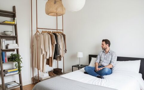 Low platform Japandi bedroom with neutral bedding and wooden furniture