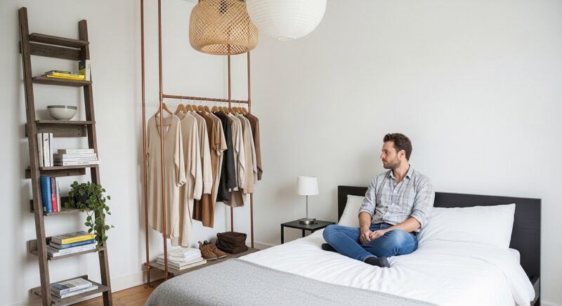 Low platform Japandi bedroom with neutral bedding and wooden furniture