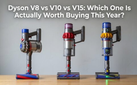 Comparison of Dyson V8, V10, and V15 cordless vacuums side-by-side on a gray background.