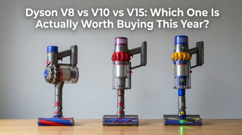 Comparison of Dyson V8, V10, and V15 cordless vacuums side-by-side on a gray background.