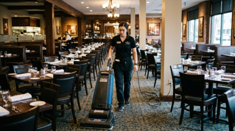 Staff member using a wide-path commercial vacuum to clean a large restaurant dining area between seatings