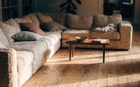 Modern seating sofa in a stylish contemporary living room with natural lighting