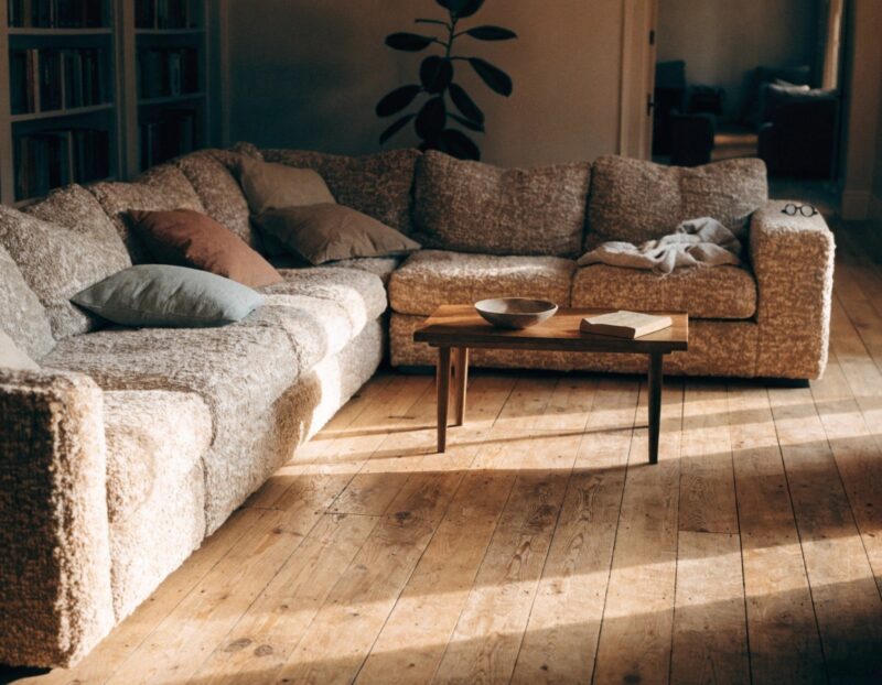 Modern seating sofa in a stylish contemporary living room with natural lighting