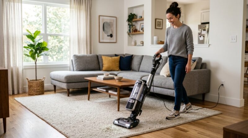 Person pushing an upright vacuum across a clean living room carpet.