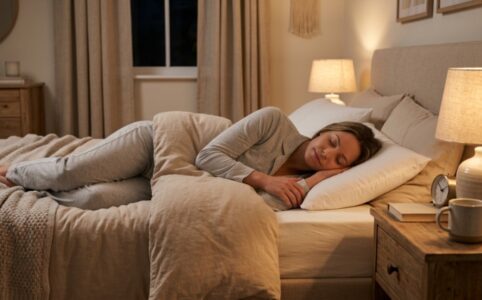 A neat, low-profile thin pillow resting on a crisp white bed in a sunny Florida bedroom.