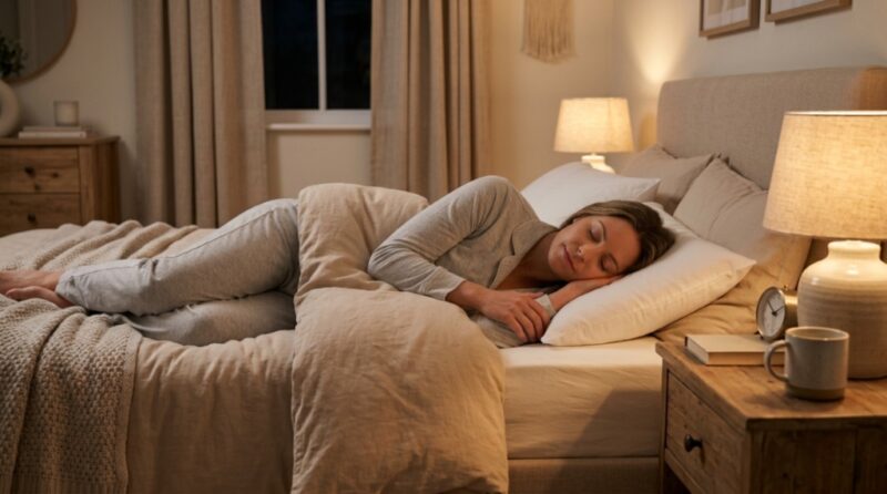 A neat, low-profile thin pillow resting on a crisp white bed in a sunny Florida bedroom.