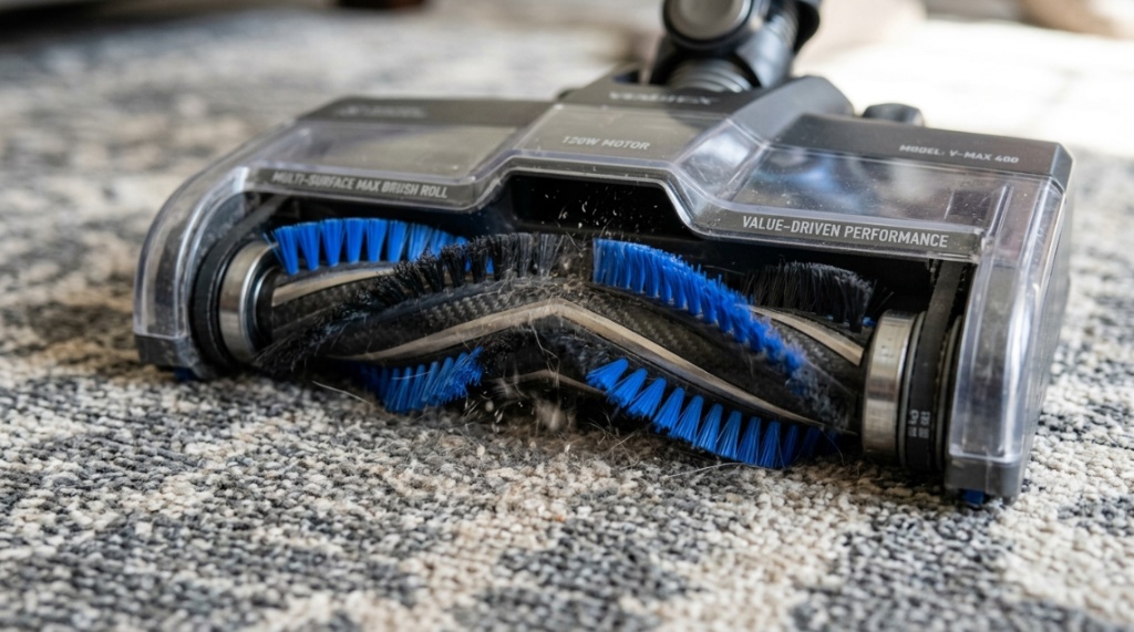 Close-up of an upright vacuum brush roll removing dust from carpet.