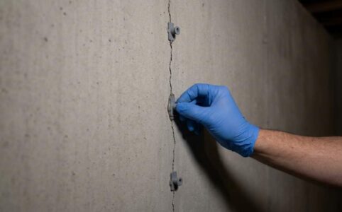 Hairline crack in poured concrete foundation wall close-up