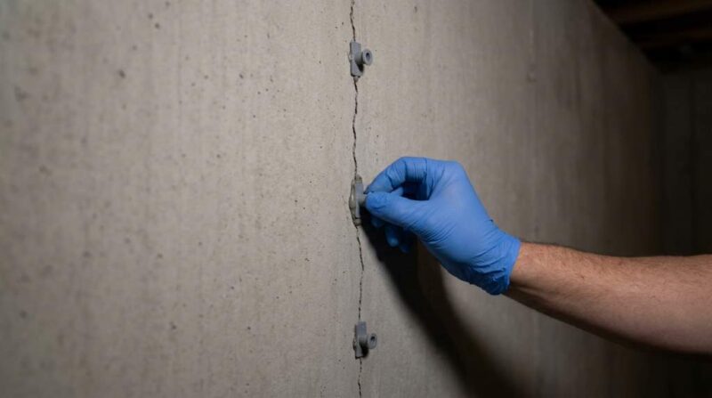 Hairline crack in poured concrete foundation wall close-up