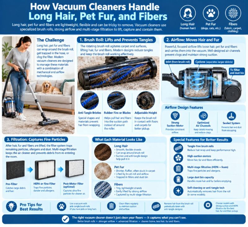 How vacuum cleaners handle long hair and pet fur