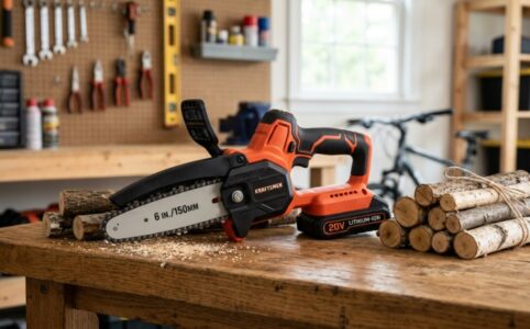 Battery-powered handheld chainsaw resting on a wooden workbench with small logs.