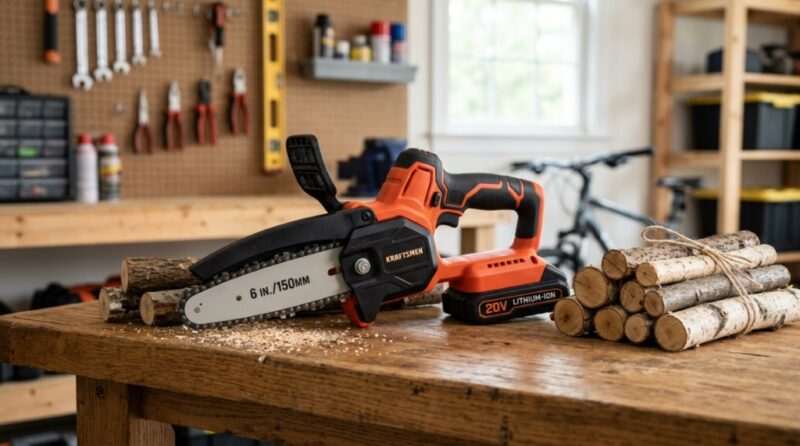 Battery-powered handheld chainsaw resting on a wooden workbench with small logs.