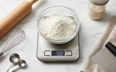 Stainless steel digital kitchen scale measuring flour in a glass bowl.