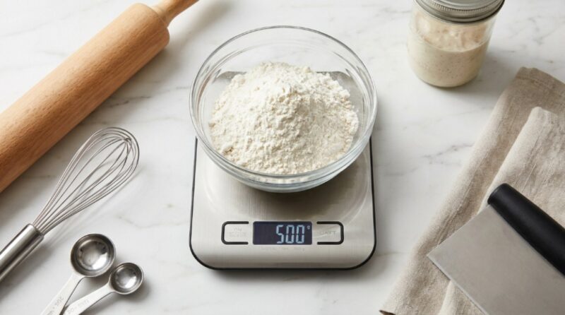 Stainless steel digital kitchen scale measuring flour in a glass bowl.