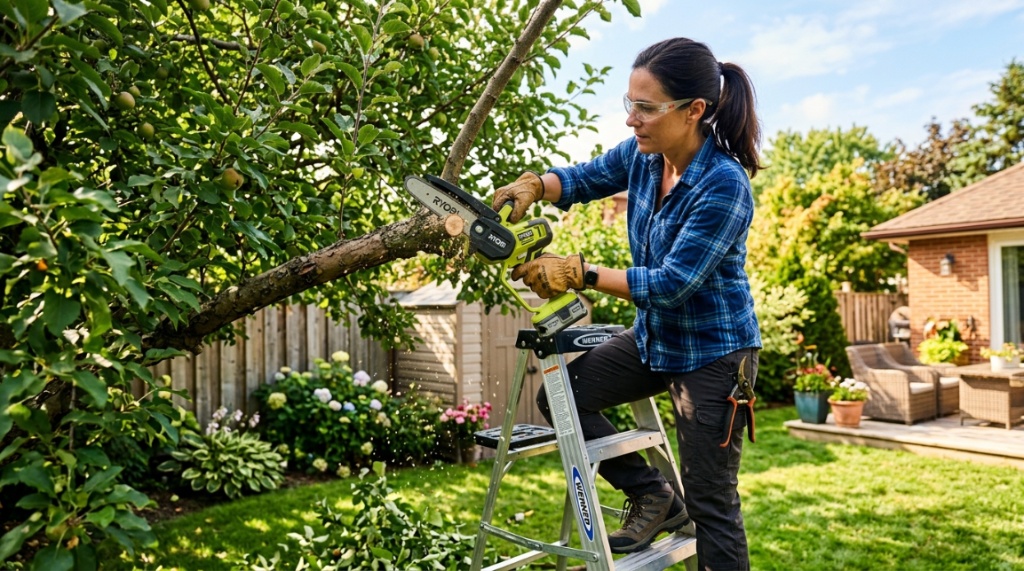 Person wearing safety glasses using a handheld chainsaw to prune branches.