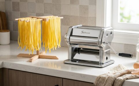 Stainless steel Sailnovo pasta maker countertop machine slicing fresh fettuccine noodles.