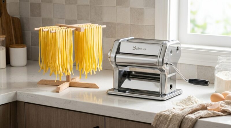 Stainless steel Sailnovo pasta maker countertop machine slicing fresh fettuccine noodles.