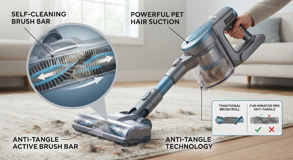 Anti-tangle vacuum cleaner for pet fur and hair